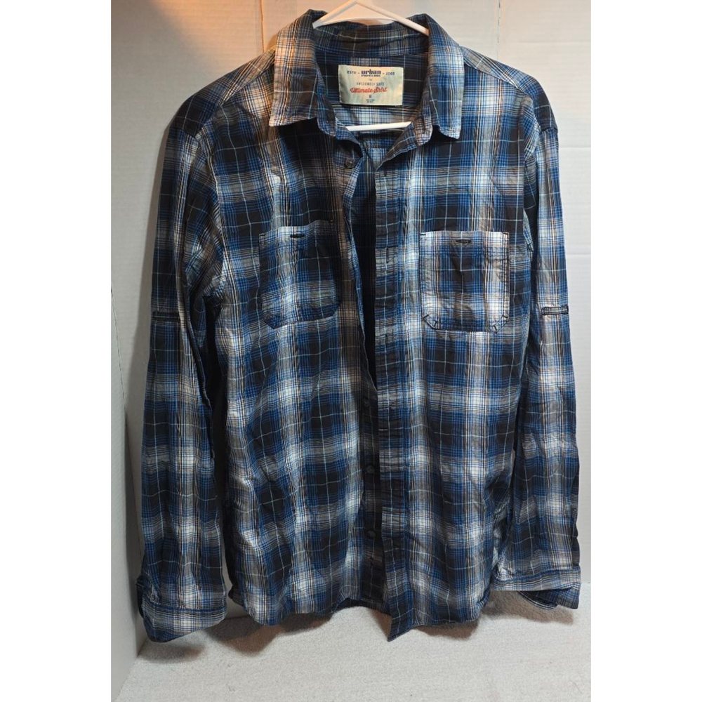 Men's Urban Pipeline Blue Black Plaid Casual Button Down Shirt M